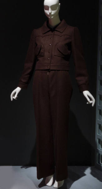 Brown suit with long sleeve battle jacket, matching flared pants
