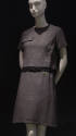 Grey wool dress and jacket set; short sleeves; black leather belt fixed at waist