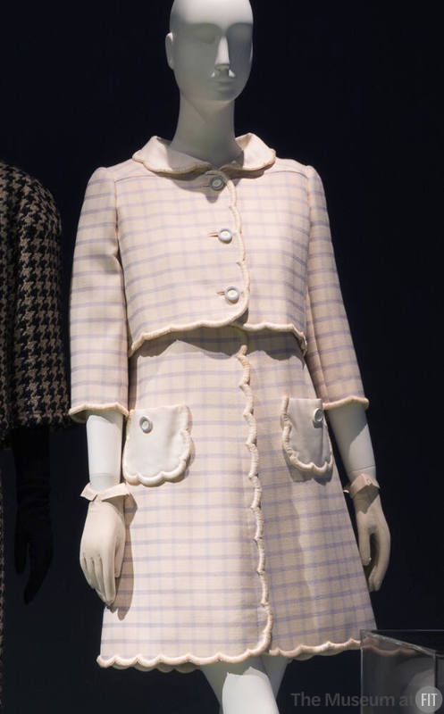 Mini dress and matching jacket set in off-white with blue windowpane plaid, scalloped edges, la…