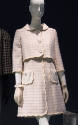 Mini dress and matching jacket set in off-white with blue windowpane plaid, scalloped edges, la…