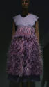 Faded blue knee-length sleeveless evening dress with feather trim from under bust to hem