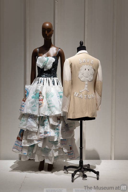 A detail of the Environmentalism and Reuse section, featuring designs by Moschino. 