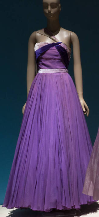 Strapless violet evening gown, full circular skirt with petticoat