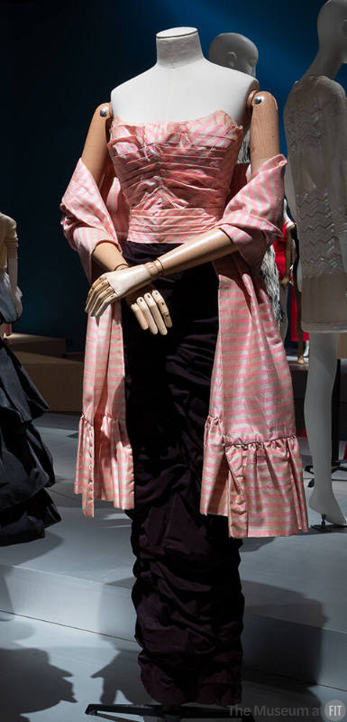 Evening dress of pink and white horizontal striped strapless bodice with matching stole and bla…