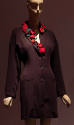 Dark red above the knee coat dress with jacket styling and red and green roses on collar and le…