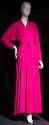 Ankle length fuscia evening dress; peplum style waist created by self wrap tie