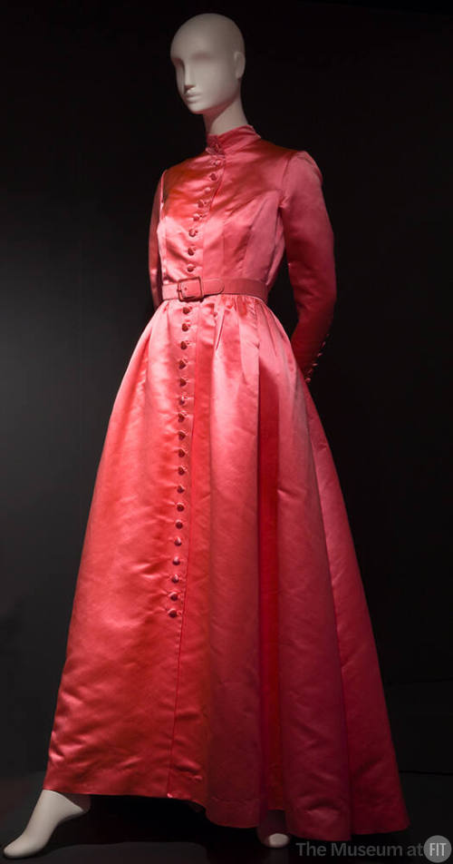 Pink floor length long sleeve button front dress with belt 