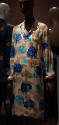 Beige long sleeve silk below-the-knee dress with light and dark blue floral print 