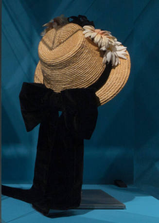Back view of straw hat with velvet back bow and silk daises in brim