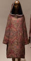 Multicolor paisley long sleeve below-the-knee coat dress with hood, grey trim