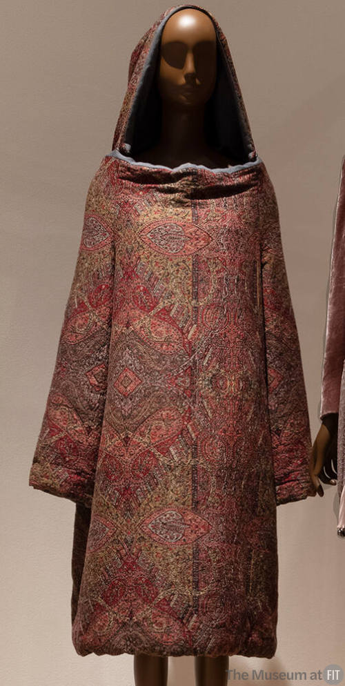 Multicolor paisley long sleeve below-the-knee coat dress with hood, grey trim