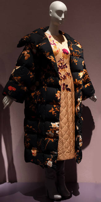 Off-white quilted dress with bodice floral design and black long sleeve puffer coat with scatte…