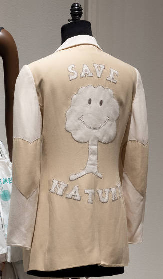 Beige long sleeve jacket with Save Nature smiling tree applique center back, heart elbow patche…