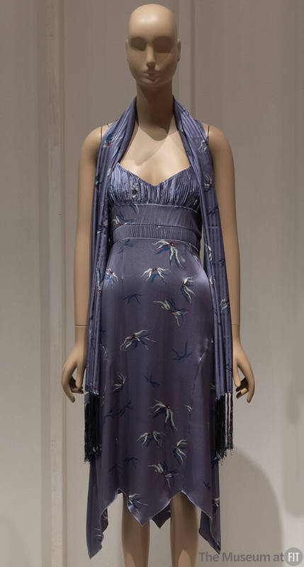 Grey silk floral print slip dress, ruched bustline, handkerchief hem, matching silk scarf 