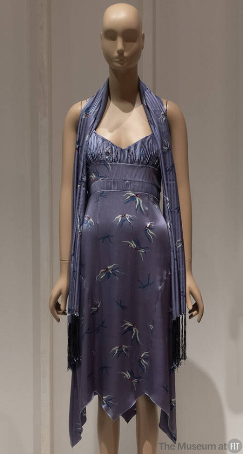 Grey silk floral print slip dress, ruched bustline, handkerchief hem, matching silk scarf 