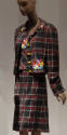 Blue, red, green plaid jacket  and top with embroidered floral patches, matching knee-length sk…