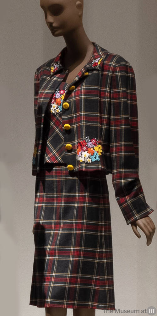 Blue, red, green plaid jacket  and top with embroidered floral patches, matching knee-length sk…