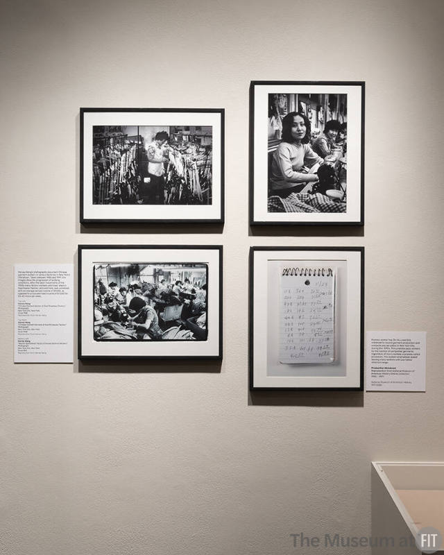 Detail of the Labor section highlighting Chinatown factory photographs by Harvey Wang and image of production notebook.