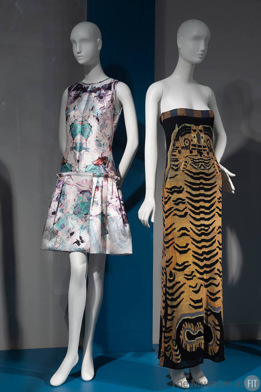 A detail of the rear gallery, featuring designs by Prabal Gurung (left) and Vivienne Tam (right).