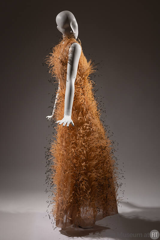 Orange feathered floor-length dress