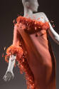 Back detail of one shoulder orange pink gown with feather trim at neckline and sleeve