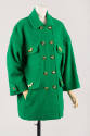Bright green double-breasted jacket with gold metal buttons and gold horse pins on four pocket …