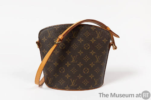 Brown shoulder bucket bag with tan leather shoulder strap, allover  LV signature logo