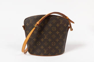 Brown shoulder bucket bag with tan leather shoulder strap, allover  LV signature logo