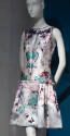 Sleeveless ivory, blue, purple abstract  floral print dress, side pleated to-the-knee skirt