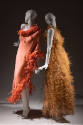 Left: One shoulder orange pink asymmetrical floor length gown with feather trim
Right: Yellow …