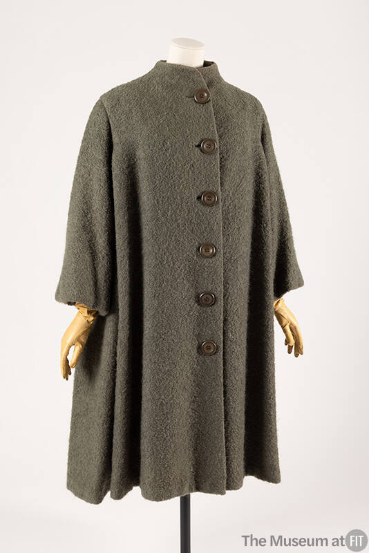 Oversize grey/green swing coat with short stand collar and front button closure
