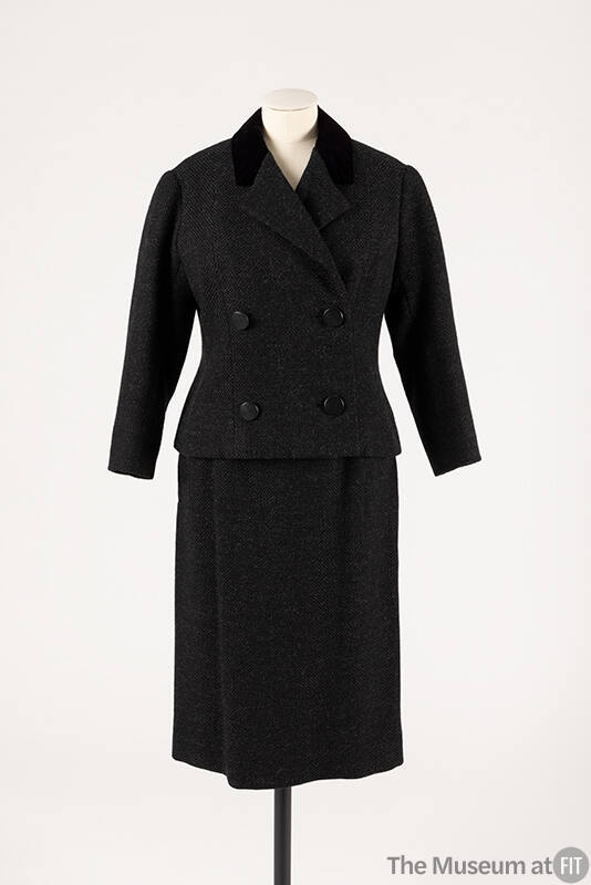 Grey and black double breasted wool suit with black velvet collar
