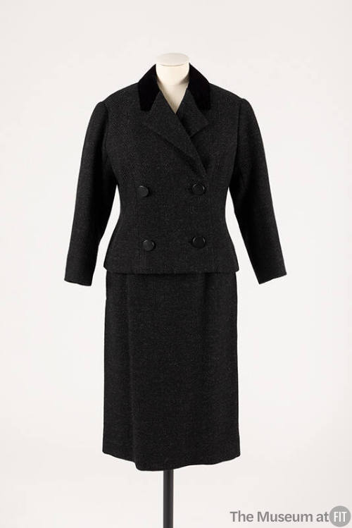 Grey and black double breasted wool suit with black velvet collar