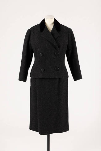 Grey and black double breasted wool suit with black velvet collar