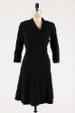 Black wool 3/4 sleeve to-the-knee length coat dress with crossover front with side button closu…