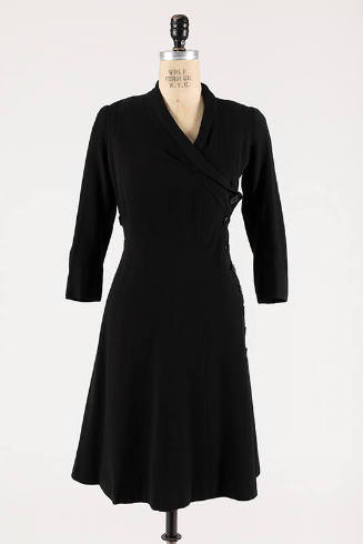 Black wool 3/4 sleeve to-the-knee length coat dress with crossover front with side button closu…