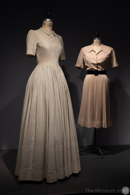 Dior + Balenciaga, Left to right 72.112.144 (striped cotton dress), 72.81.19 (beige dress)