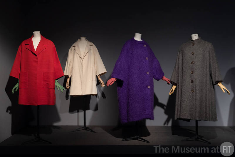 Dior + Balenciaga, Left to right 70.64.1 (red coat), muslin Toile by Ellen Shanley, former MFIT curator, 71.265.20 (purple coat), 93.61.1 (grey coat)