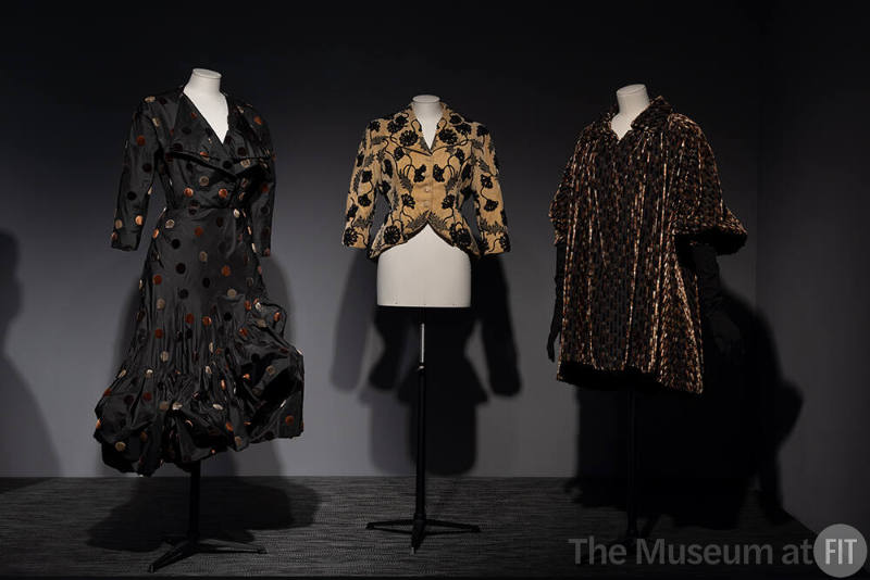 Dior + Balenciaga, Left to right 86.142.5 (polka dot dress), 68.151.1 (yellow jacket), 86.142.3 (velvet evening coat)