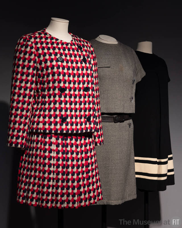 Dior + Balenciaga, Left to right 89.163.80 (red, white, and blue suit), 82.208.11 (grey wool suit), 78.75.3 (black and white culotte dress)