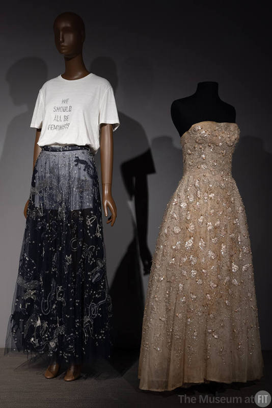 Dior + Balenciaga, Left to right 2019.56.1 (t-shirt and skirt), 73.35.9 (tulle evening dress)