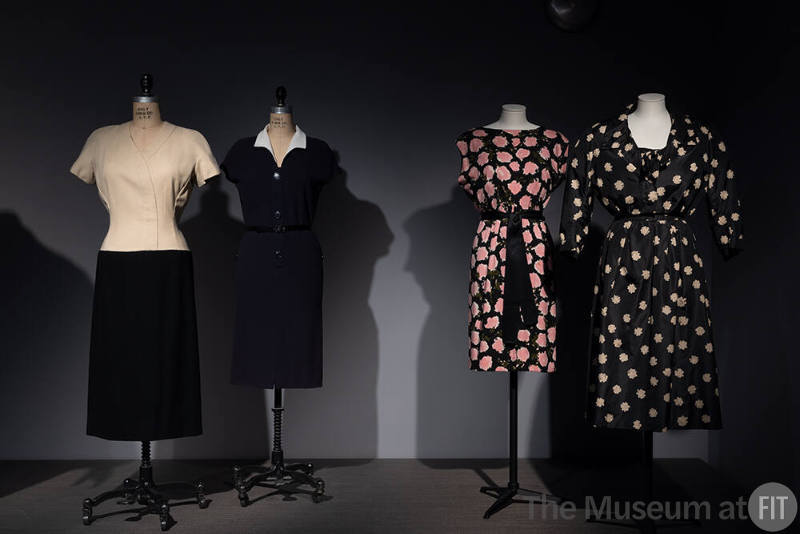 Dior + Balenciaga, Left to right: 71.213.13 (ivory and black dress), 75.82.44 (dress), 86.106.4 (floral dress), PL74.1.3 (ensemble)