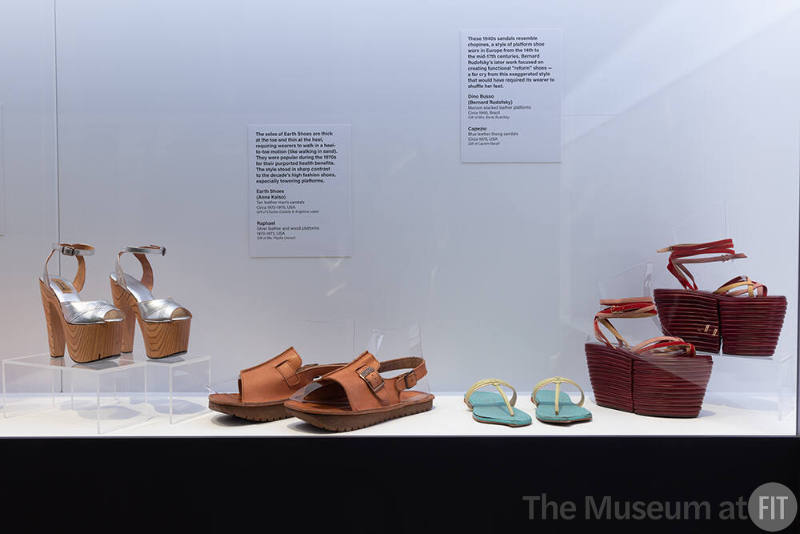 Pairings from the Anatomy section. From left to right: 1970s platforms by Raphael, 1970s Earth Shoes, circa 1970 flat sandals by Capezio, and 1940s stacked platform sandals by Dino Busso. 