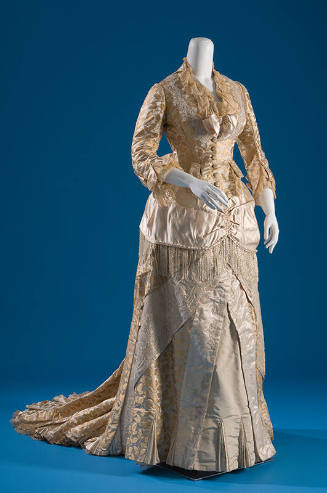 Wedding gown button top and full length skirt set in cream and beige with leaf pattern brocade …