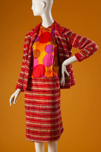 Red and off-white wool tweed horizonal striped suit and shirt with red, yellow, pink, purple, o…