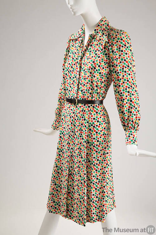 Silk long sleeve dress with blue, red, green and yellow polka dots on off-white ground, narrow …