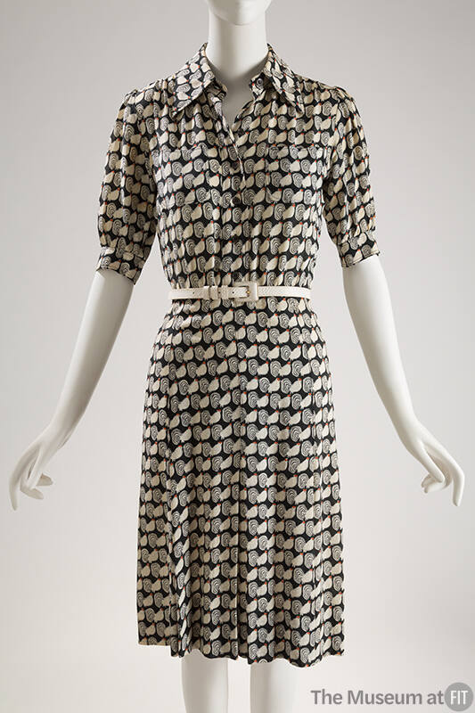 Allover stylized rooster print rayon dress with 3/4 sleeves, button front, narrow white belt