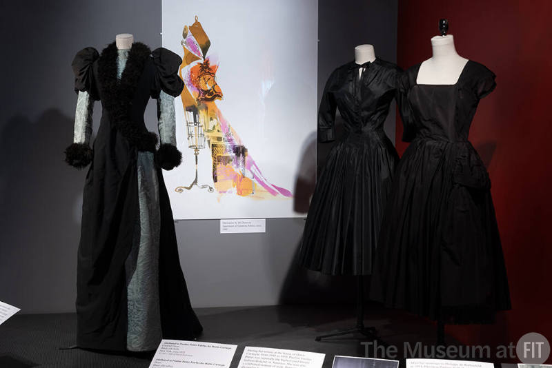 Designing Women_07 Introductory platform with a dress from circa 1892, left (69.195.9), and two dresses attributed to Pauline Potter Fairfax (later Pauline de Rothschild) for Hattie Carnegie, circa 1950, right (82.208.1, P92.45.6)