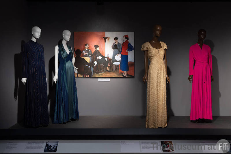 Designing Women_18 (Left to Right) Elizabeth Hawes, Evening Coat and Evening Dress, New York, circa 1935 (69.156.11, 69.156.1); Image of the Hawes showroom, 1933; Muriel King, Evening Dress, New York, 1936 (71.268.36); Valentina Schlee, New York, circa 1933 (96.69.28)