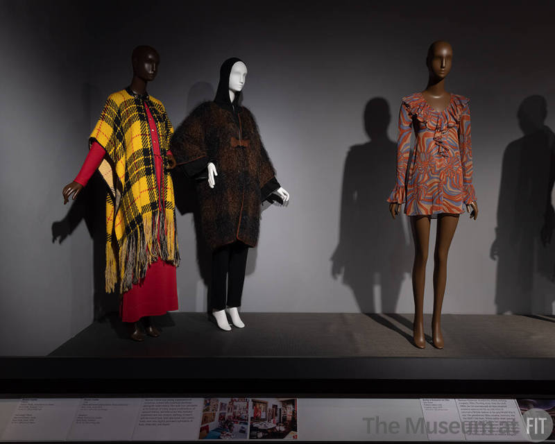 Designing Women_24 Bonnie Cashin, Poncho and Dress (79.222.32, 92.79.1), Coat and Jumpsuit (88.106.3, 79.222.34), New York, late 1960s to early 1970s; Barbara Hulanicki for Biba, Mini Dress, London, circa 1970 (2005.89.4)